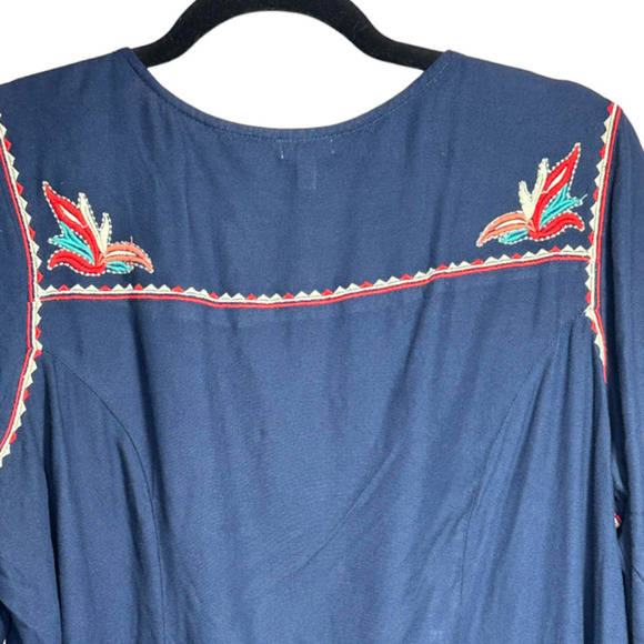 Reba Slit Sleeve Embroidered Navy India Tie Front Bohemian Hippie Tunic Size L - Picture 6 of 9